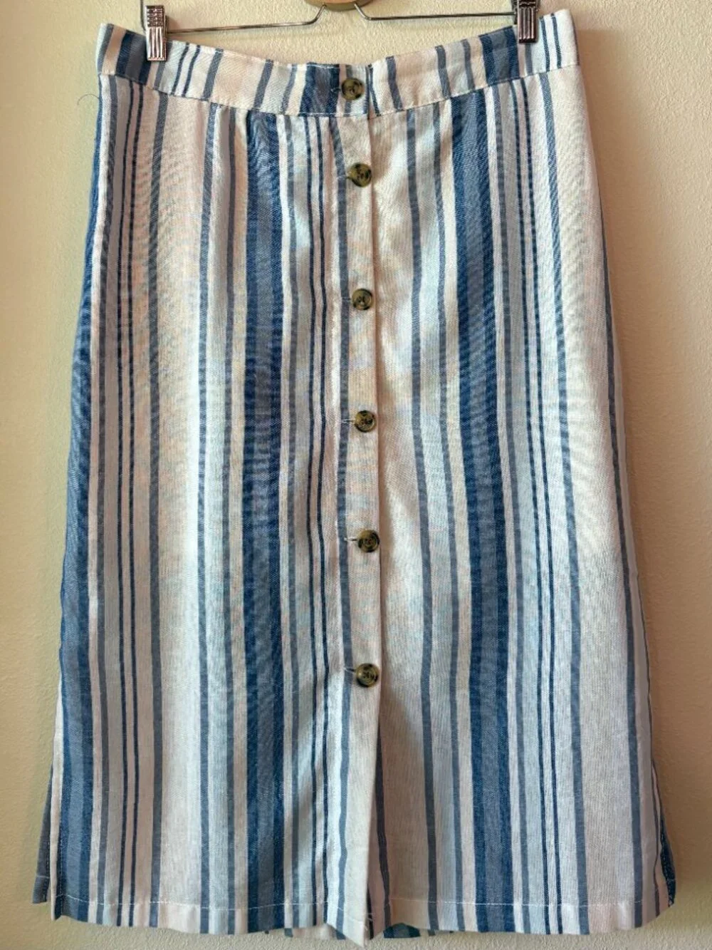 Linen Blend Midi Summer Skirt Blue White Vertical Striped Pockets M / L Capsule - Picture 3 of 12